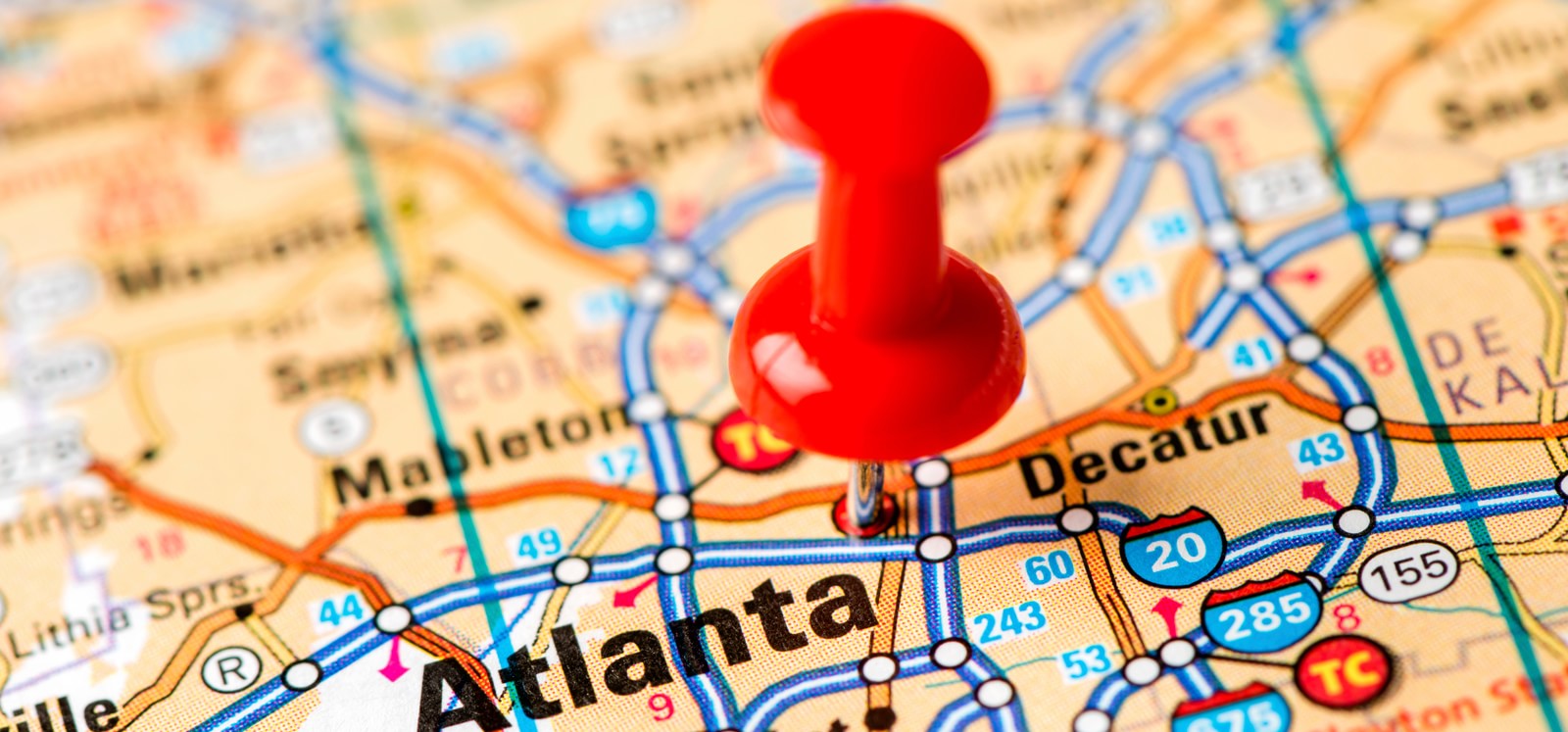 Push pin on map, marking Atlanta Georgia - image for Tutoring Locations page